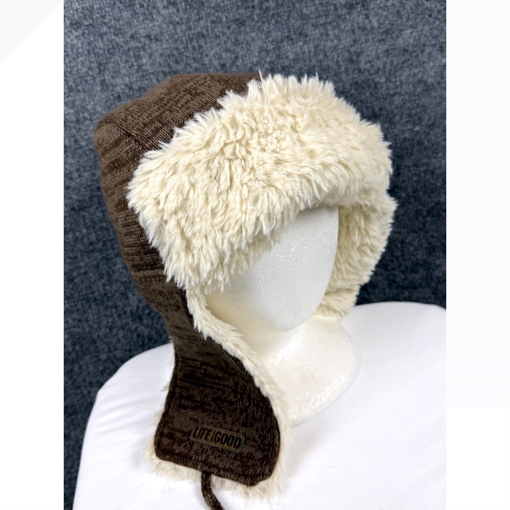 Life is Good Brown Knit Trapper Hat Faux Fur Lined Ear Flap Aviator Cap EUC
